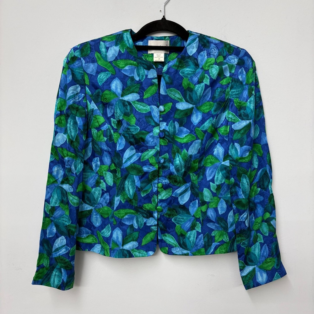 Papell Boutique Vintage 100% Silk Floral Leaf Print Blazer Jacket Blue Green 6P